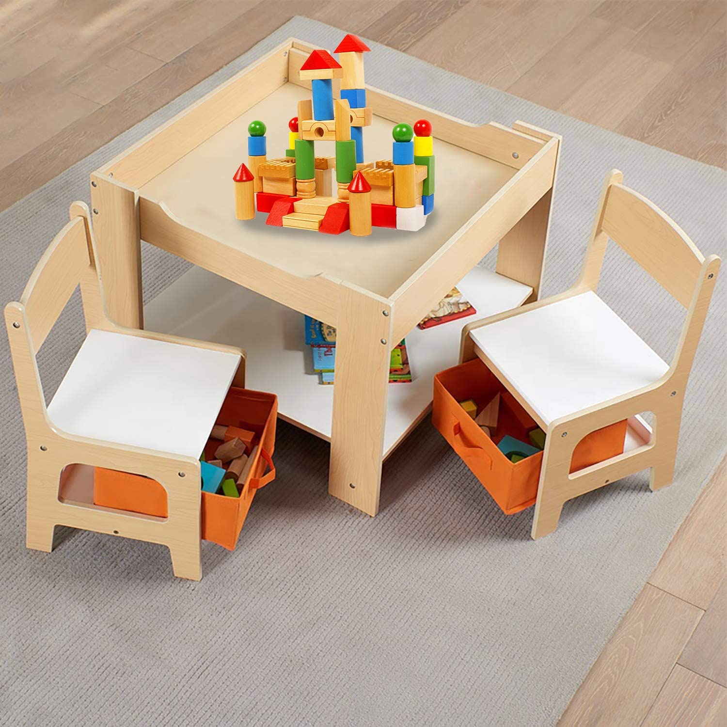 3-In-1 Kids Table Chairs Set With Storage Boxes and Blackboard Whiteboard Drawing