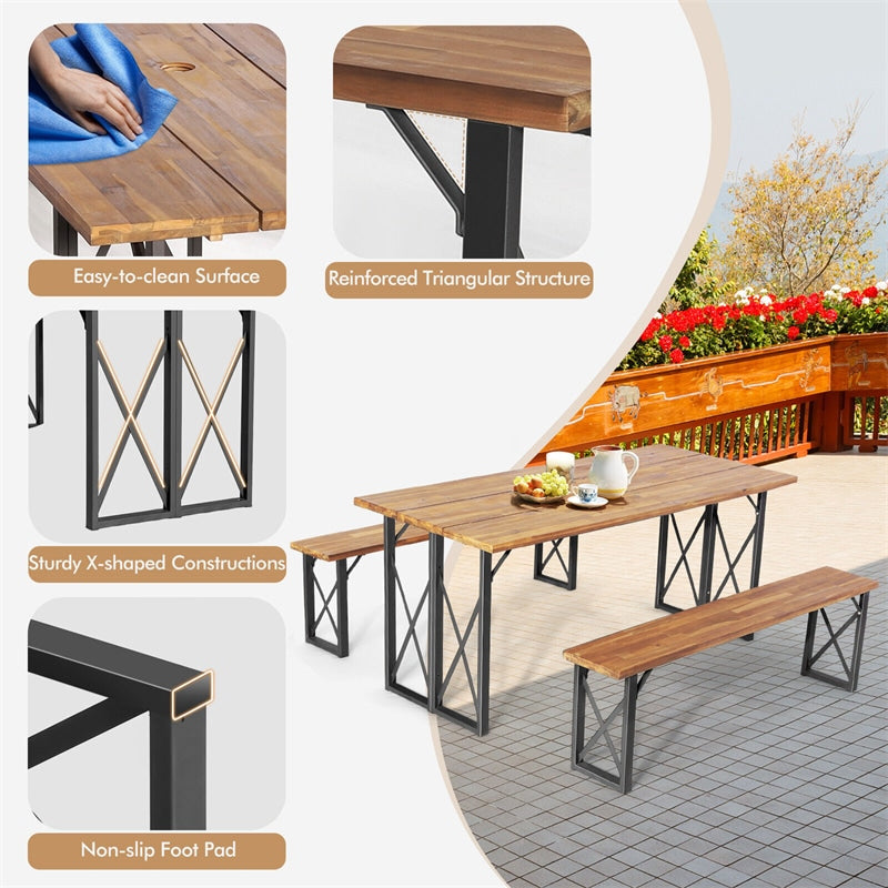 3 PCS Acacia Wood Outdoor Picnic Table Bench Set 67” Rectangular Patio Dining Table with Umbrella Hole