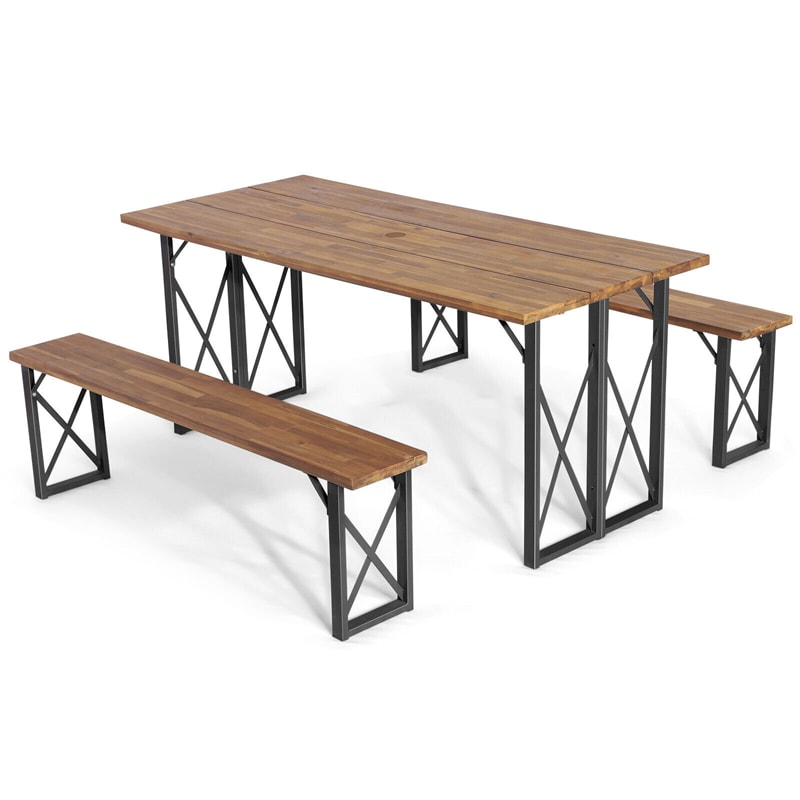 3 PCS Acacia Wood Outdoor Picnic Table Bench Set 67” Rectangular Patio Dining Table with Umbrella Hole