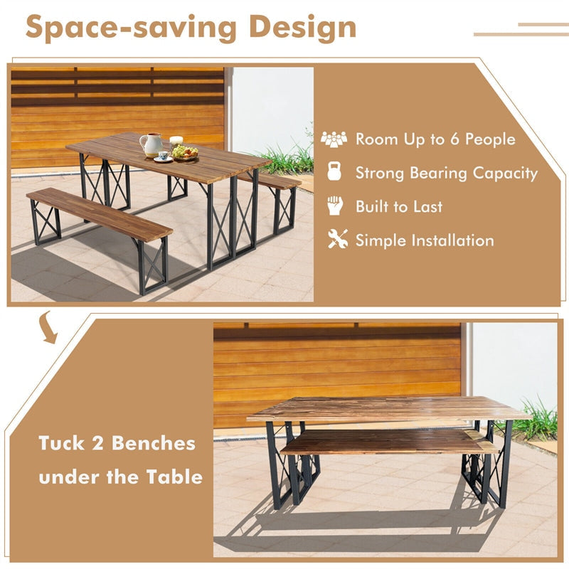 3 PCS Acacia Wood Outdoor Picnic Table Bench Set 67” Rectangular Patio Dining Table with Umbrella Hole