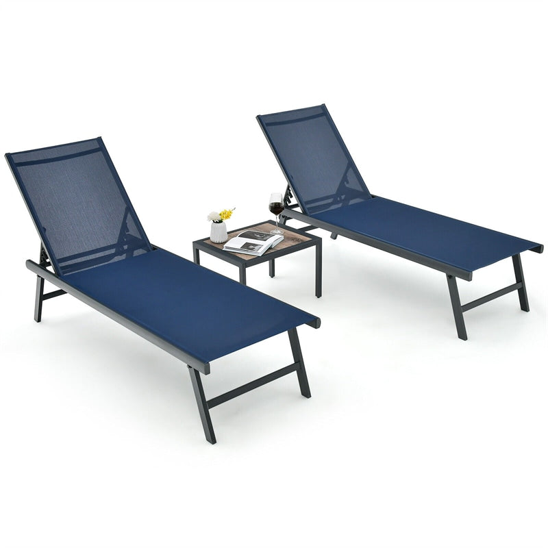 3pcs Outdoor Aluminum Chaise Lounge Set 6-Level Backrest Adjustable Patio Lounge Chair with Side Table