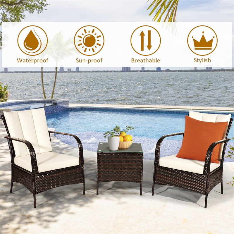 3PCS Outdoor Rattan Conversation Set Patio Wicker Chairs with Glass Top Coffee Table & Cushions