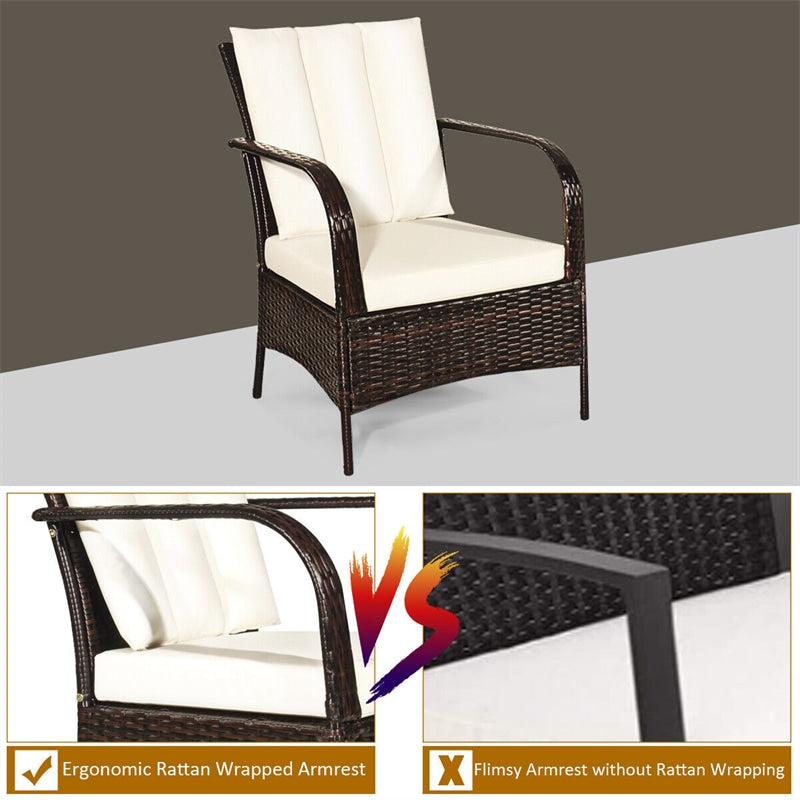 3PCS Outdoor Rattan Conversation Set Patio Wicker Chairs with Glass Top Coffee Table & Cushions