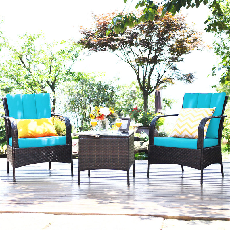 3PCS Outdoor Rattan Conversation Set Patio Wicker Chairs with Glass Top Coffee Table & Cushions