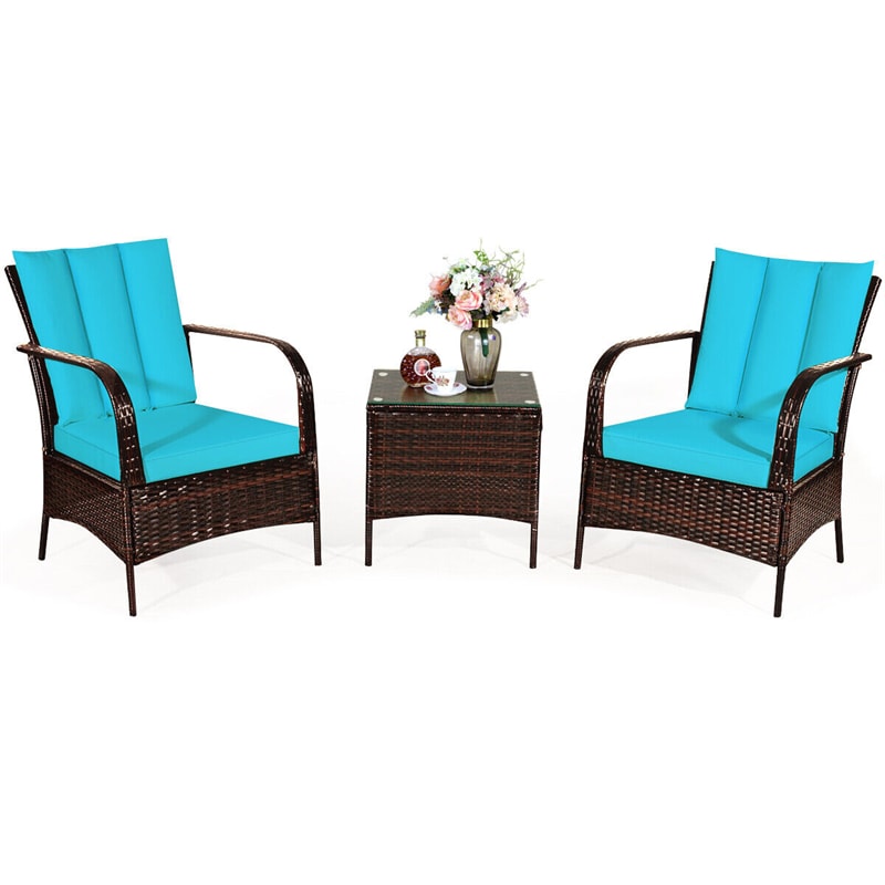 3PCS Outdoor Rattan Conversation Set Patio Wicker Chairs with Glass Top Coffee Table & Cushions