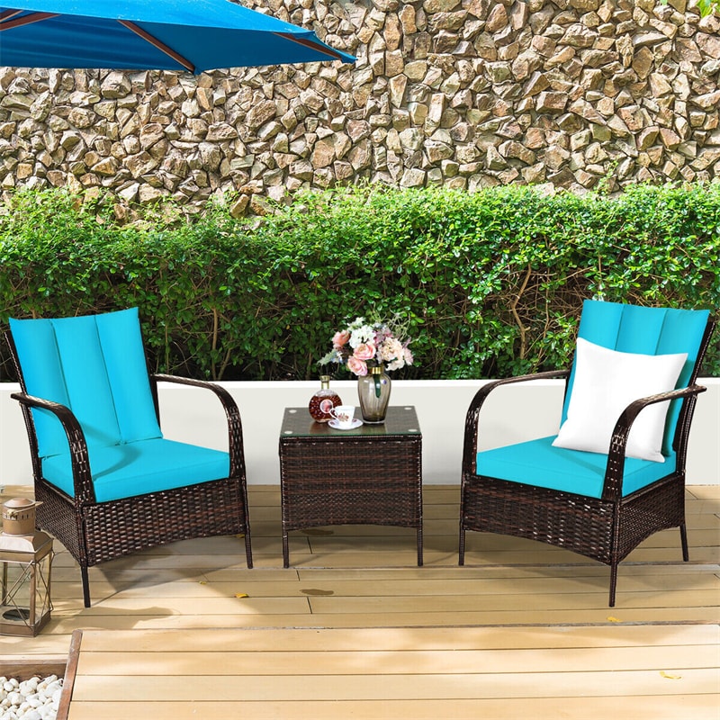 3PCS Outdoor Rattan Conversation Set Patio Wicker Chairs with Glass Top Coffee Table & Cushions