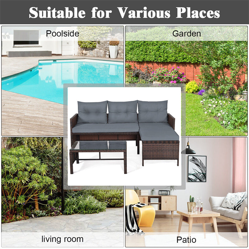 3 Pcs Outdoor PE Rattan Furniture Set Corner Sofa Set