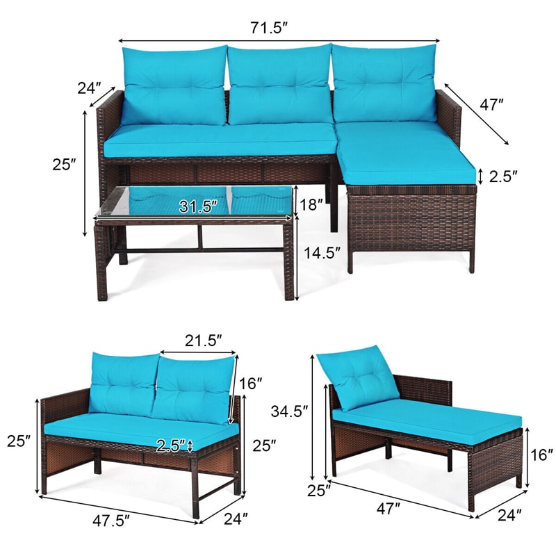 3 Pcs Outdoor PE Rattan Furniture Set Corner Sofa Set