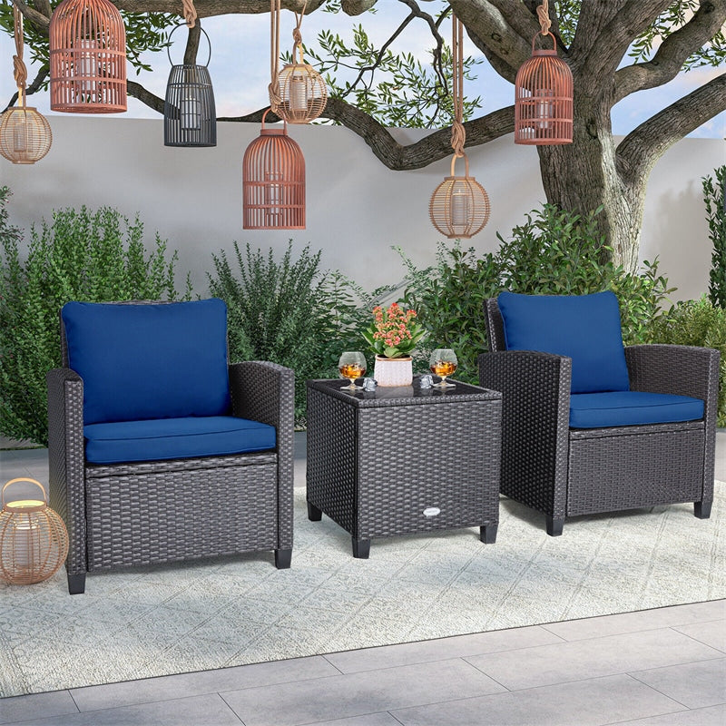 3 Piece Outdoor Wicker Rattan Patio Conversation Set with Coffee Table & 2 Sets Cushion Covers