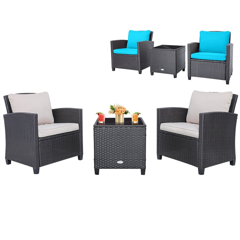 3 Piece Outdoor Wicker Rattan Patio Conversation Set with Coffee Table & 2 Sets Cushion Covers