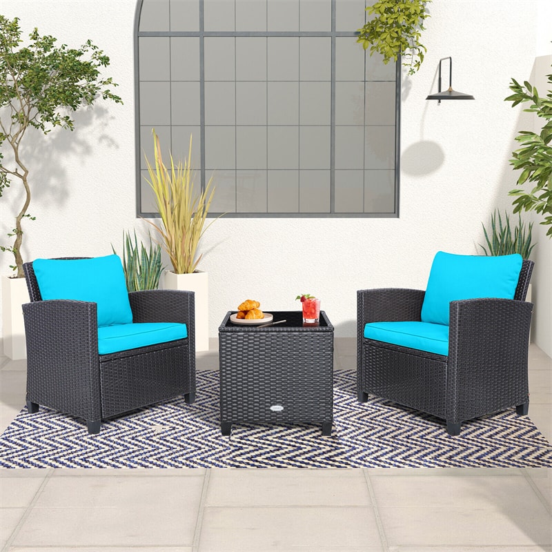 3 Piece Outdoor Wicker Rattan Patio Conversation Set with Coffee Table & 2 Sets Cushion Covers