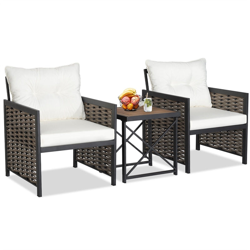 3 Piece Patio Rattan Chair Set Heavy-Duty Metal Frame Outdoor Wicker Furniture with Acacia Wood Coffee Table