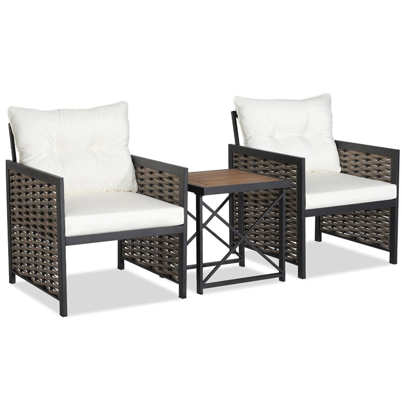 3 Piece Patio Rattan Chair Set Heavy-Duty Metal Frame Outdoor Wicker Furniture with Acacia Wood Coffee Table