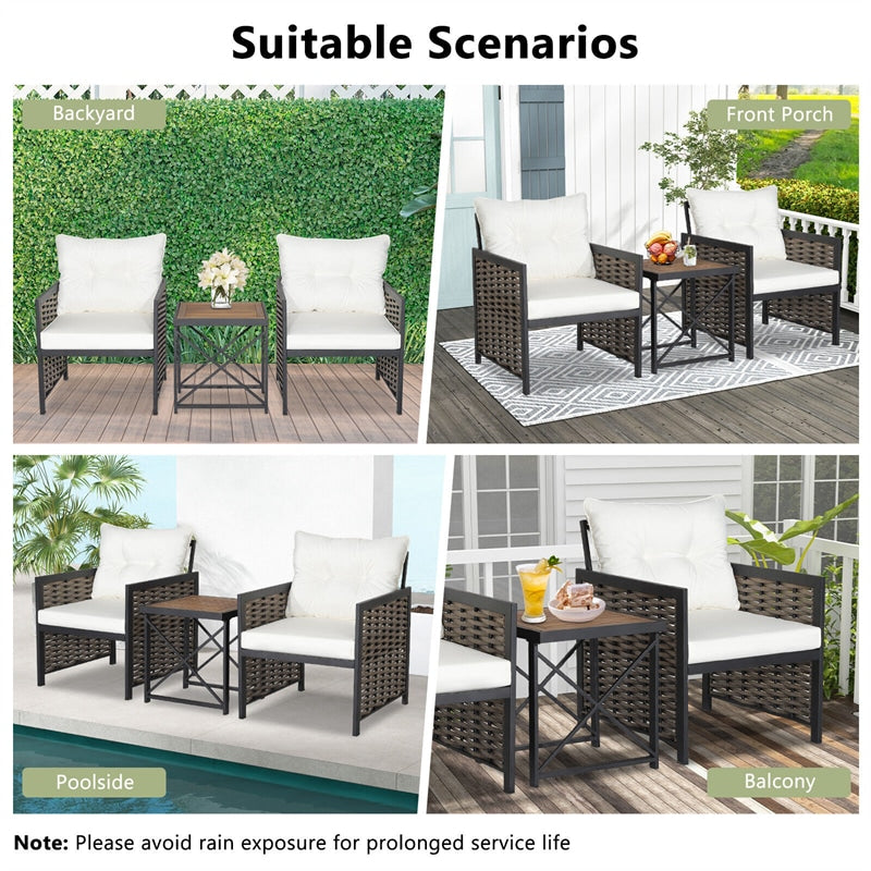 3 Piece Patio Rattan Chair Set Heavy-Duty Metal Frame Outdoor Wicker Furniture with Acacia Wood Coffee Table