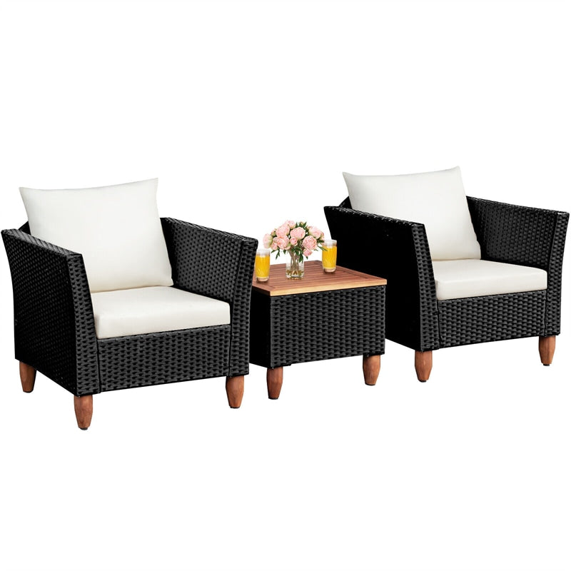 3 Piece Patio Rattan Conversation Set Outdoor Wicker Seating Group with Cushions & Acacia Wood Top Coffee Table