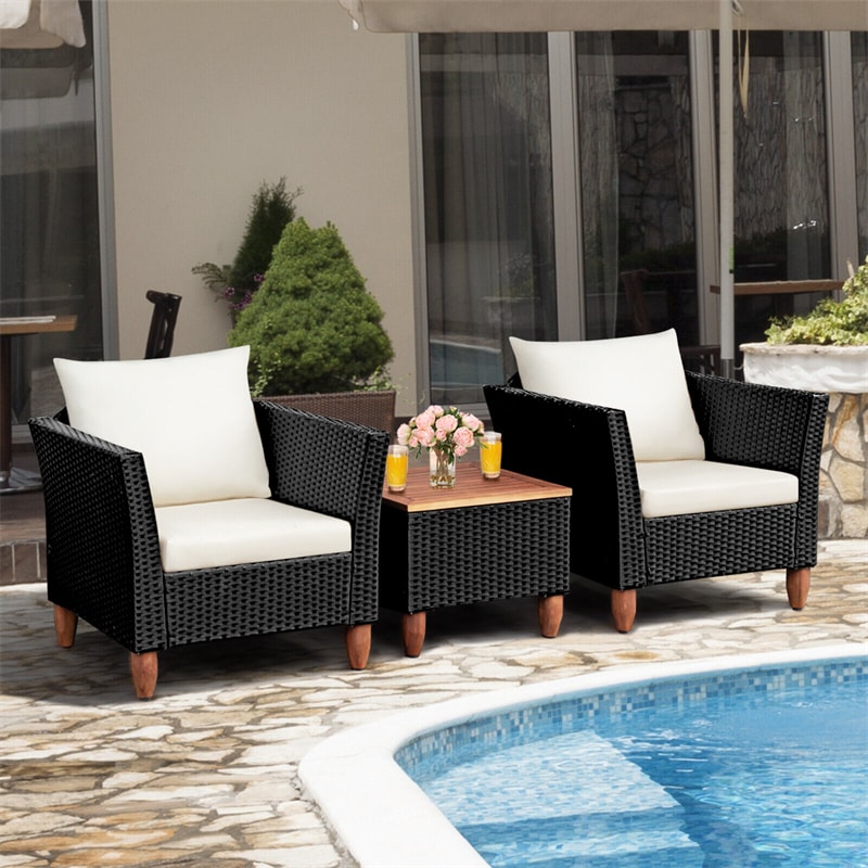 3 Piece Patio Rattan Conversation Set Outdoor Wicker Seating Group with Cushions & Acacia Wood Top Coffee Table