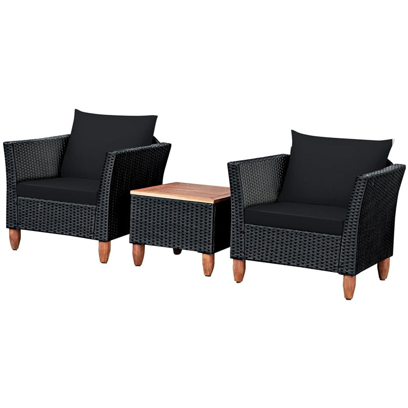 3 Piece Patio Rattan Conversation Set Outdoor Wicker Seating Group with Cushions & Acacia Wood Top Coffee Table