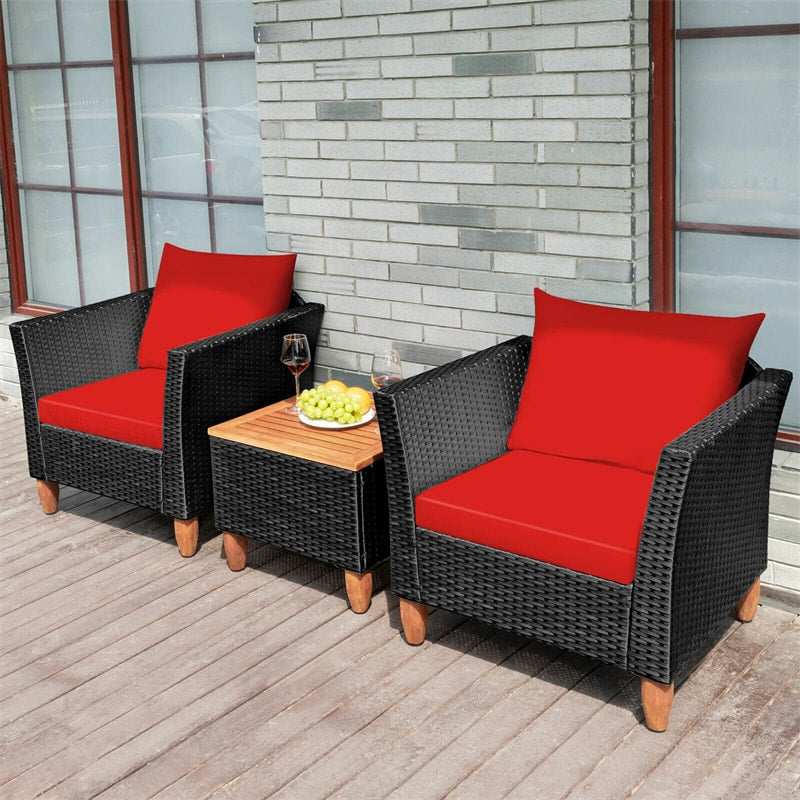 3 Piece Patio Rattan Conversation Set Outdoor Wicker Seating Group with Cushions & Acacia Wood Top Coffee Table