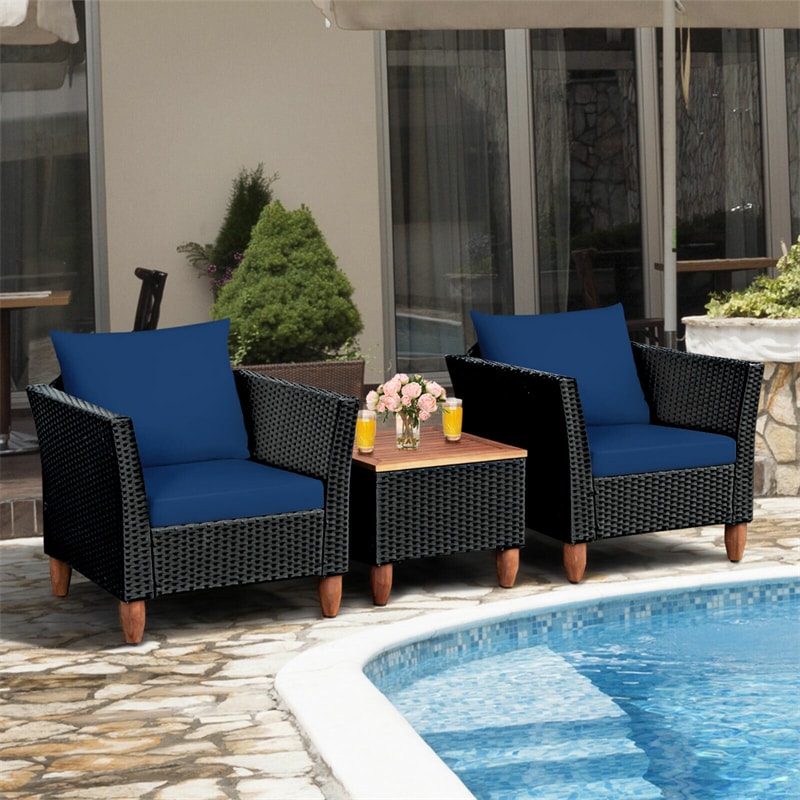 3 Piece Patio Rattan Conversation Set Outdoor Wicker Seating Group with Cushions & Acacia Wood Top Coffee Table