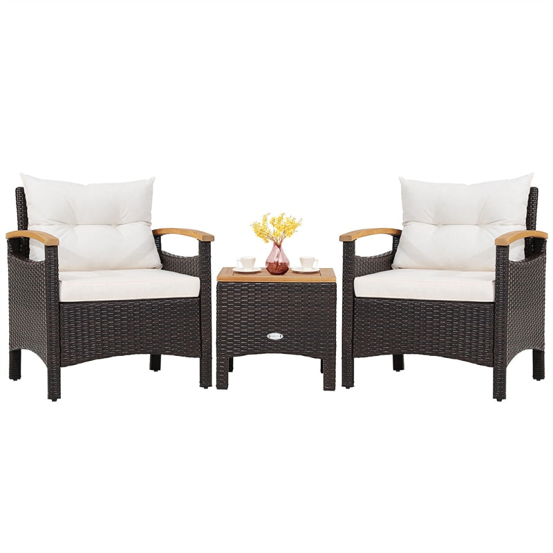 3PCS Patio Rattan Conversation Set Wicker Furniture Set with Cushioned Chairs, Acacia Wood Armrest & Table Top