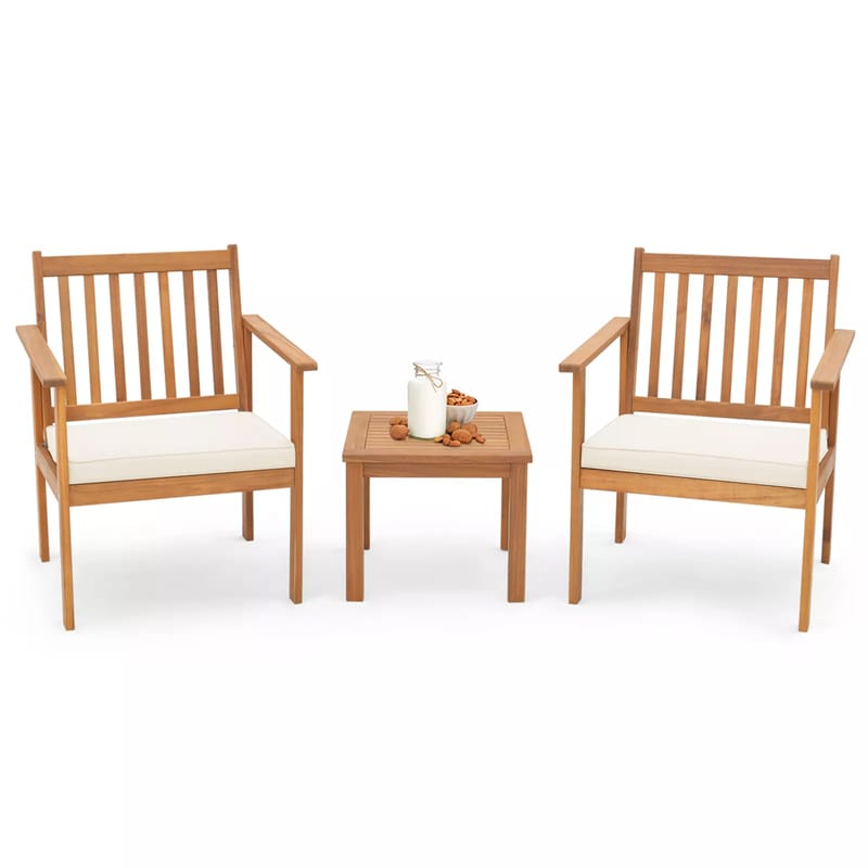 3 Pieces Patio Wood Furniture Set Acacia Wood Chairs & Coffee Table Set with Soft Seat Cushions & Slatted Design for Porch Yard Balcony