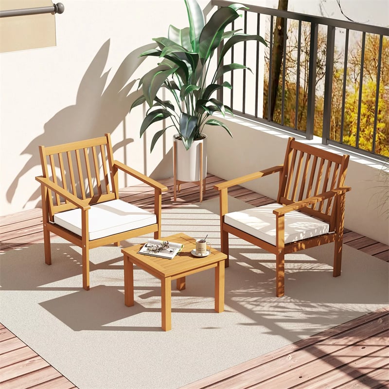 3 Pieces Patio Wood Furniture Set Acacia Wood Chairs & Coffee Table Set with Soft Seat Cushions & Slatted Design for Porch Yard Balcony