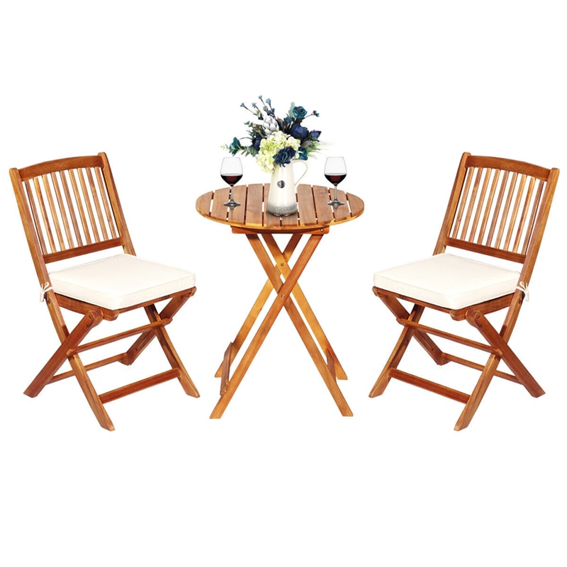 3PCS Acacia Wood Folding Patio Bistro Set Outdoor Bistro Table Chair Set with Padded Cushions