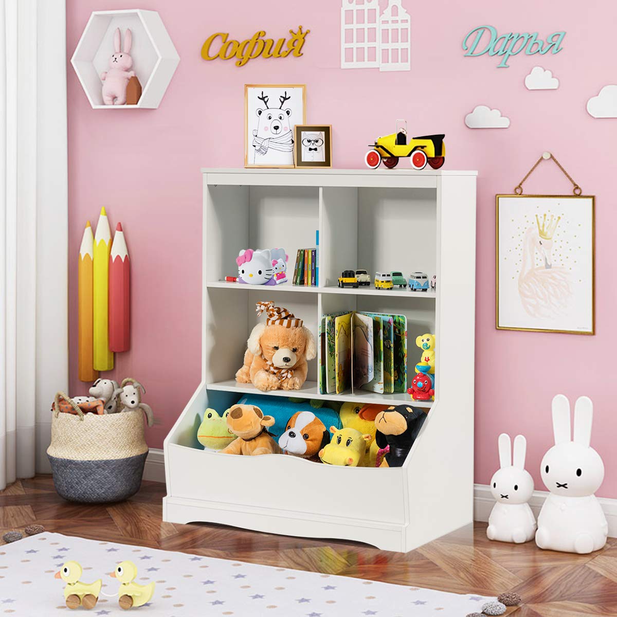 3-Tier Multi-Functional Kids Bookcase with 5 Toys Storage Boxes