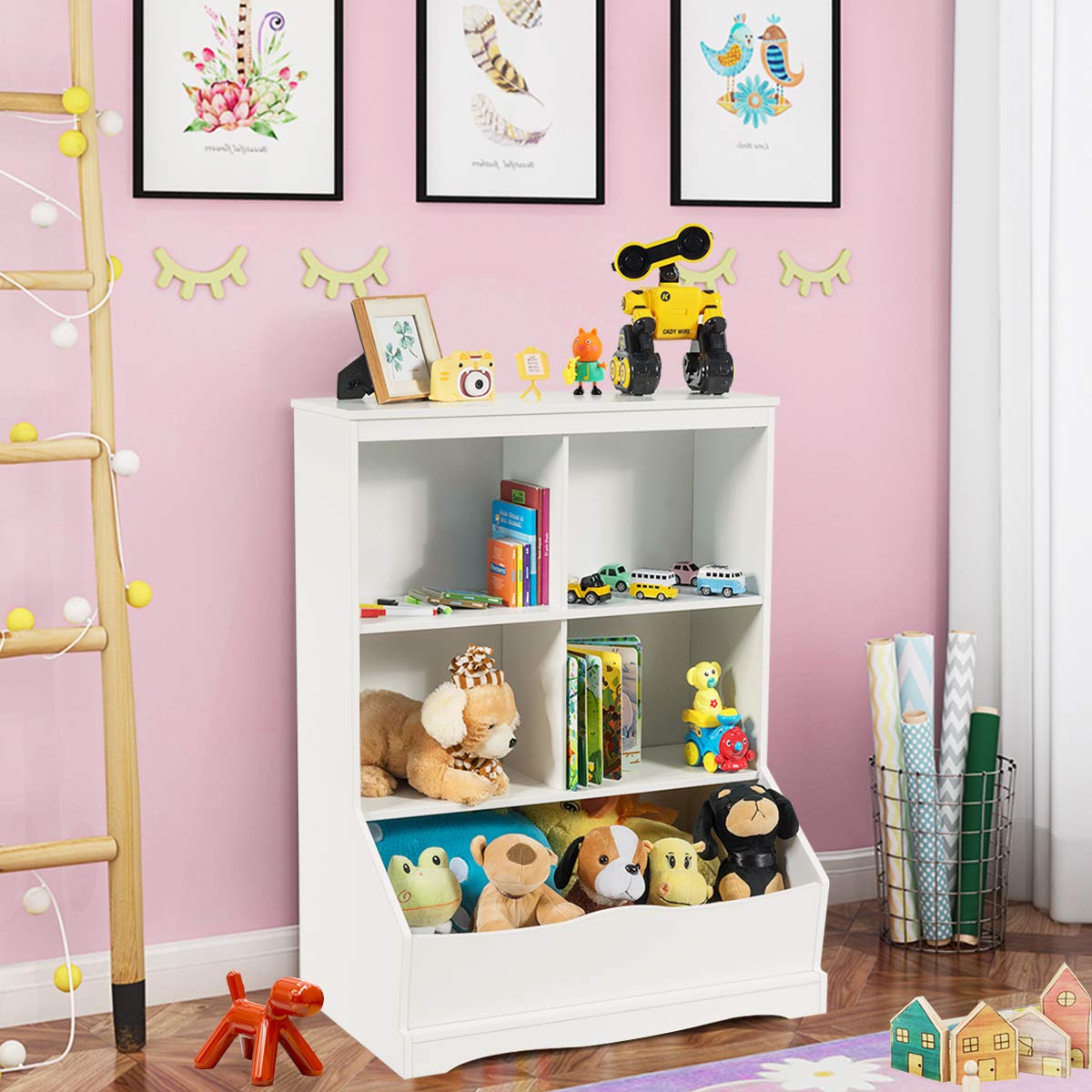 3-Tier Multi-Functional Kids Bookcase with 5 Toys Storage Boxes