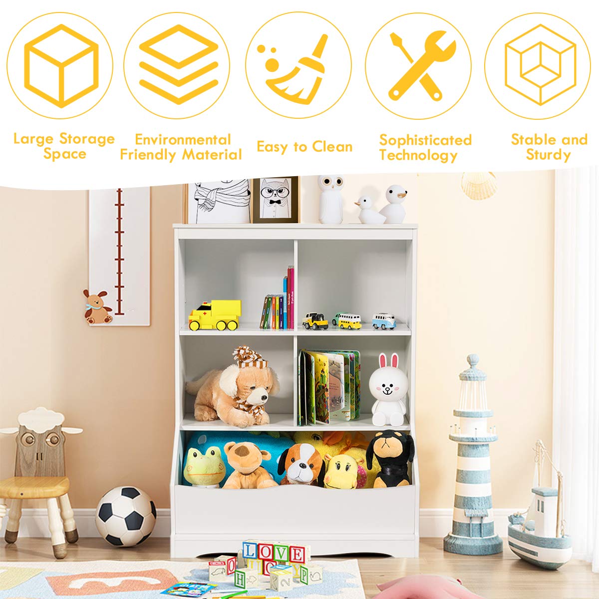 3-Tier Multi-Functional Kids Bookcase with 5 Toys Storage Boxes