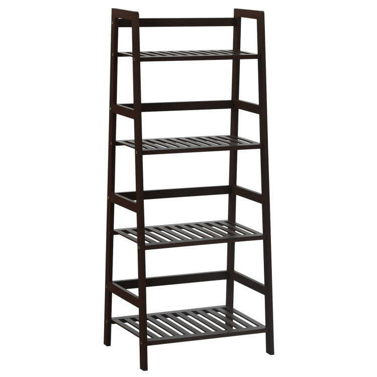 4-Tier Bamboo Plant Rack Bookshelf with Guardrails for Garden and Patio