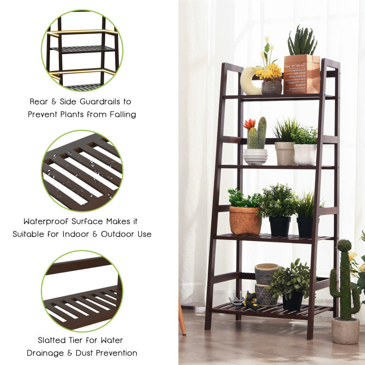 4-Tier Bamboo Plant Rack Bookshelf with Guardrails for Garden and Patio