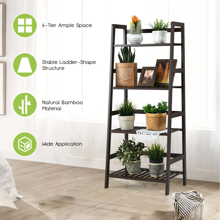 4-Tier Bamboo Plant Rack Bookshelf with Guardrails for Garden and Patio