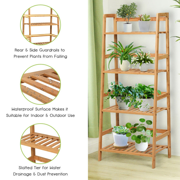 4-Tier Bamboo Plant Rack Bookshelf with Guardrails for Garden and Patio