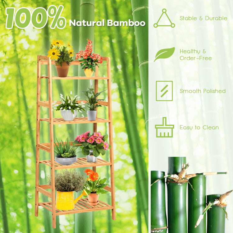 4-Tier Bamboo Plant Rack Bookshelf with Guardrails for Garden and Patio