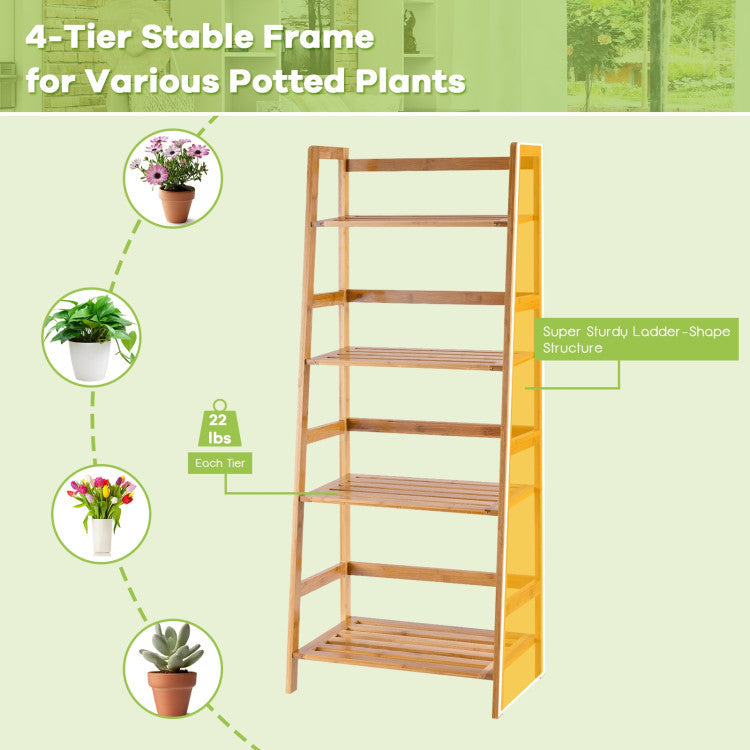 4-Tier Bamboo Plant Rack Bookshelf with Guardrails for Garden and Patio