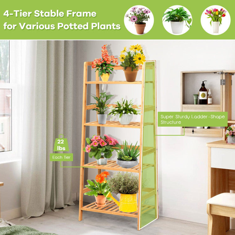 4-Tier Bamboo Plant Rack Bookshelf with Guardrails for Garden and Patio