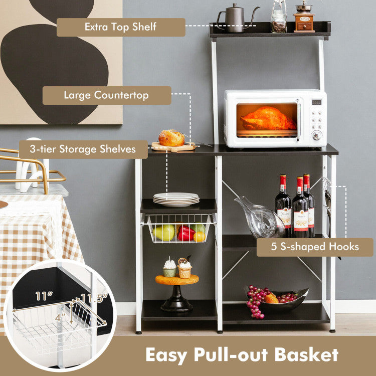 4-Tier Kitchen Storage Baker's Rack with Basket and 5 Hooks