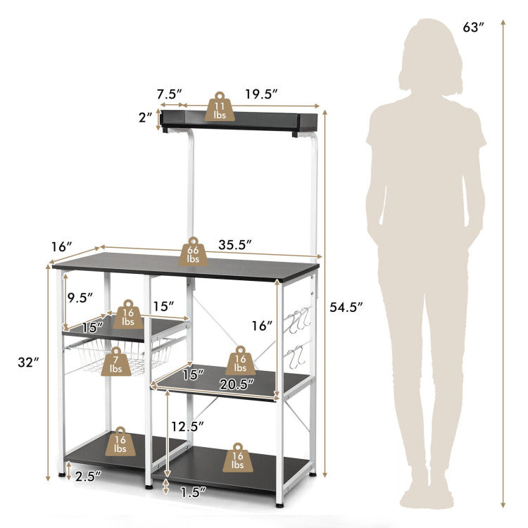 4-Tier Kitchen Storage Baker's Rack with Basket and 5 Hooks