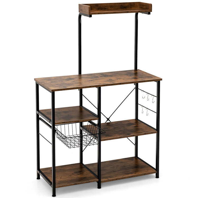 4-Tier Kitchen Storage Baker's Rack with Basket and 5 Hooks