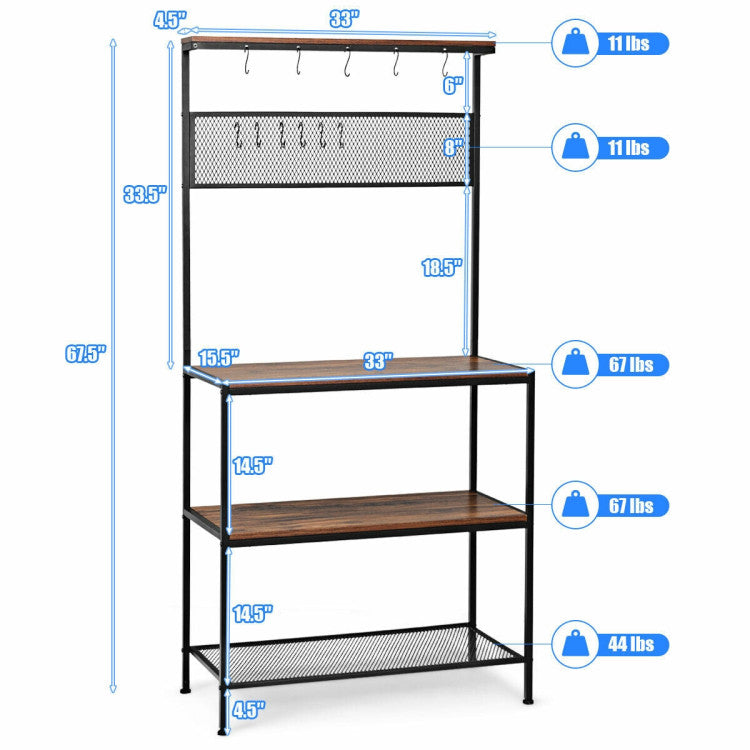 4-Tier Retro Mesh Panel Kitchen Storage Rack Stand with 11 Hooks