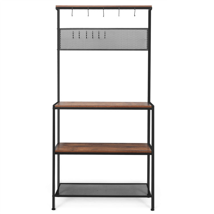4-Tier Retro Mesh Panel Kitchen Storage Rack Stand with 11 Hooks