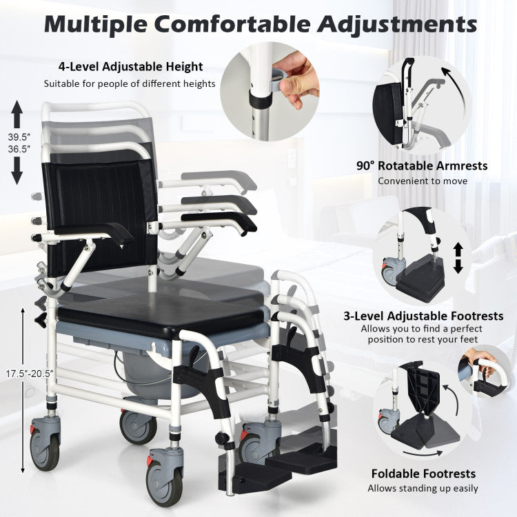 4-in-1 Adjustable Height Bedside Commode Wheelchair with Detachable Bucket