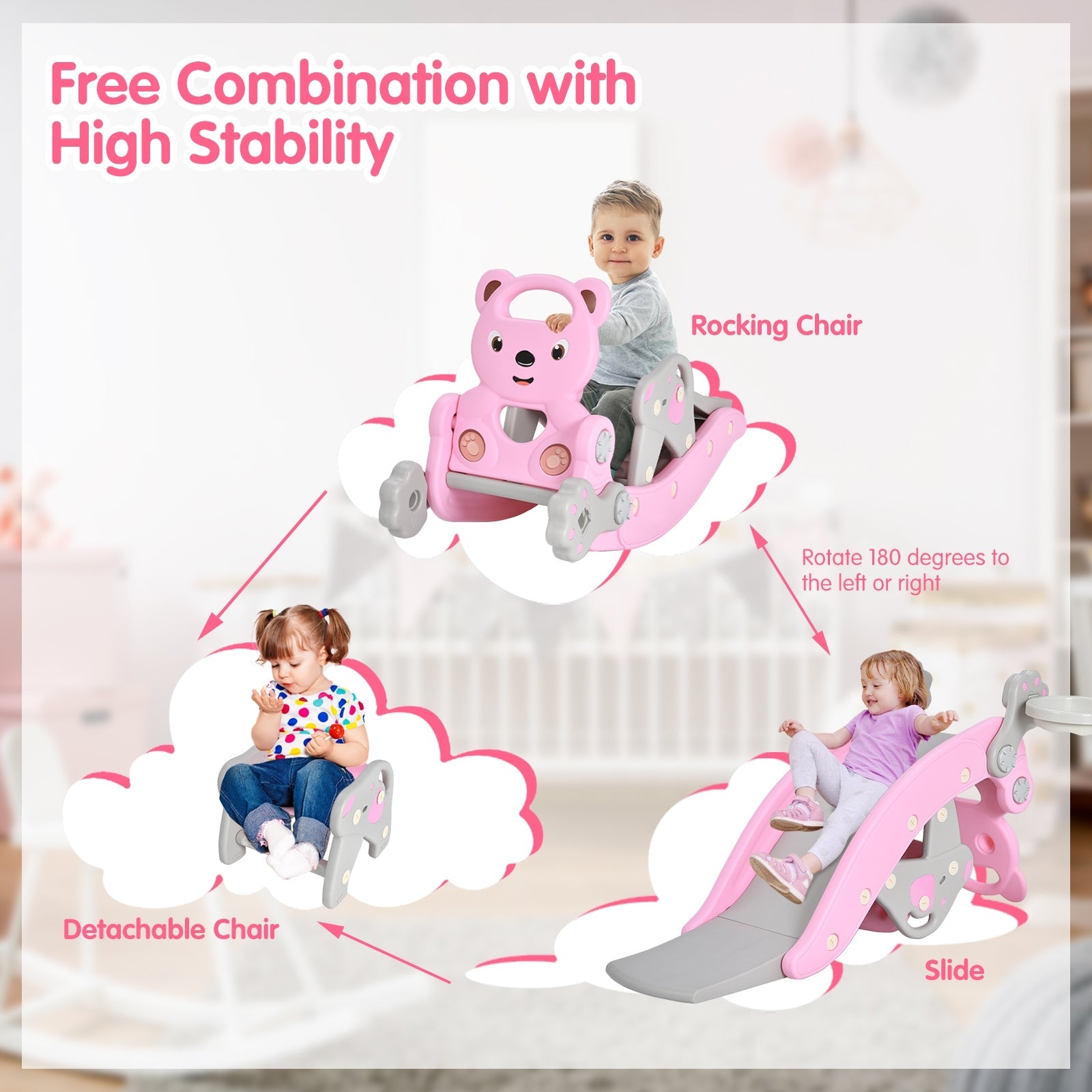 4-in-1 Rocking Horse Toys Toddler Slide with Basketball Hoop