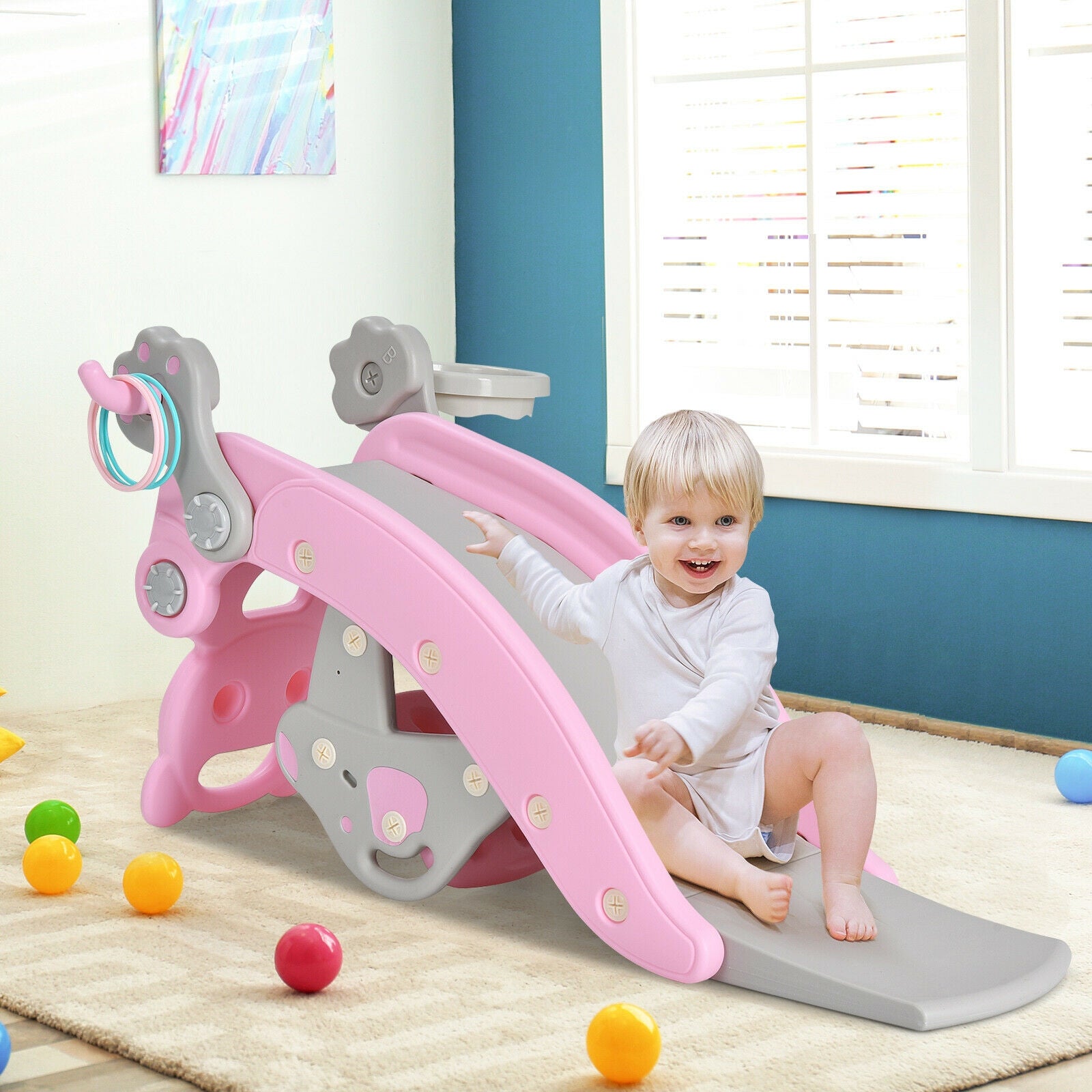 4-in-1 Rocking Horse Toys Toddler Slide with Basketball Hoop