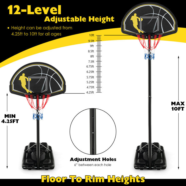 4.25-10 Feet Portable Adjustable Basketball Goal Hoop with Fillable Base