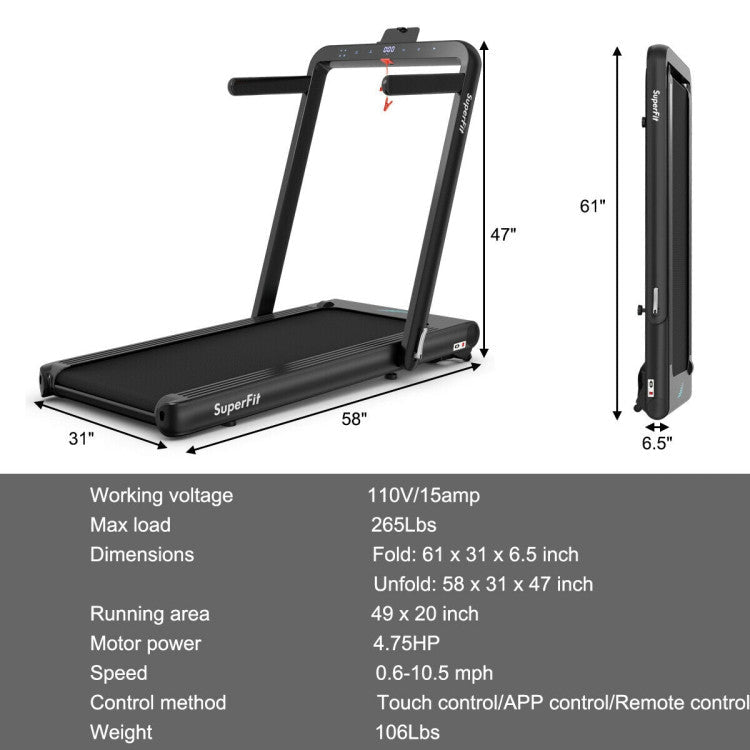 4.75HP 2-In-1 Folding Walking Pad Treadmill with APP Remote Control and LED Touch Screen