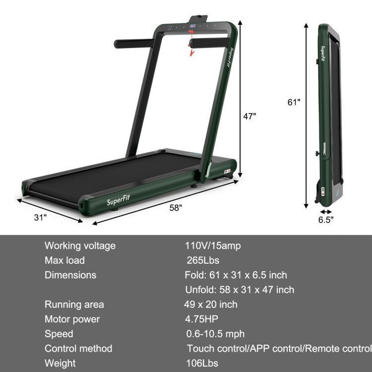 4.75HP 2-In-1 Folding Walking Pad Treadmill with APP Remote Control and LED Touch Screen