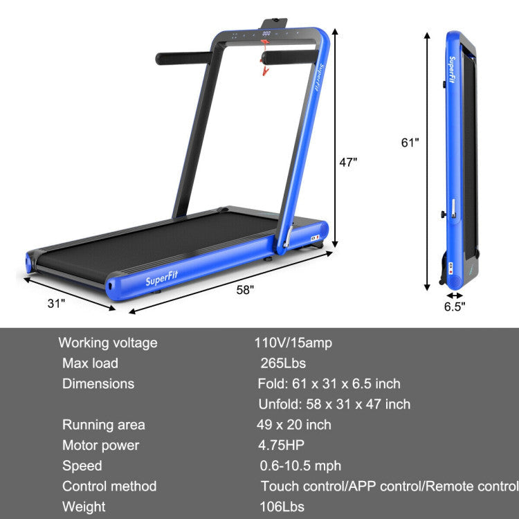 4.75HP 2-In-1 Folding Walking Pad Treadmill with APP Remote Control and LED Touch Screen