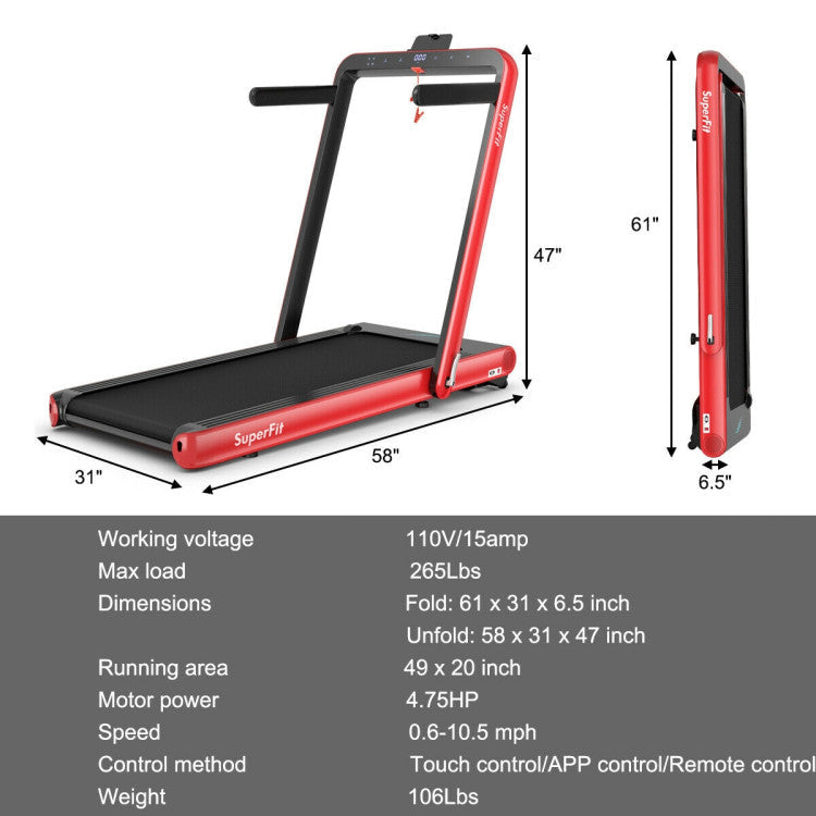 4.75HP 2-In-1 Folding Walking Pad Treadmill with APP Remote Control and LED Touch Screen